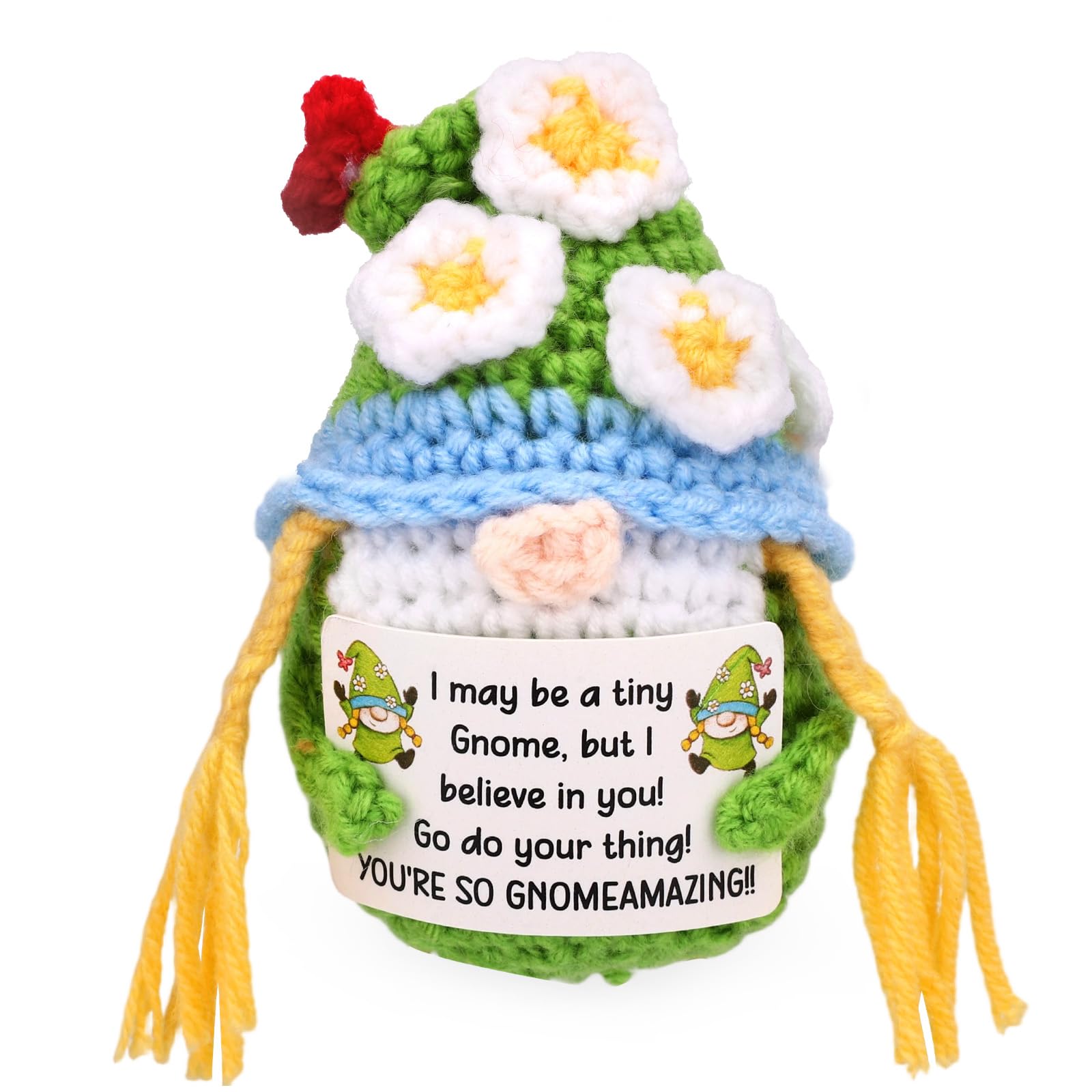 TOYMIS Cute Crochet Gnome for Encouragement, Handmade Positive Yarn Gnome Plush Gift with Uplifting Card Decorative Knitted Figurine Support Dwarf Doll for Home Office Decor