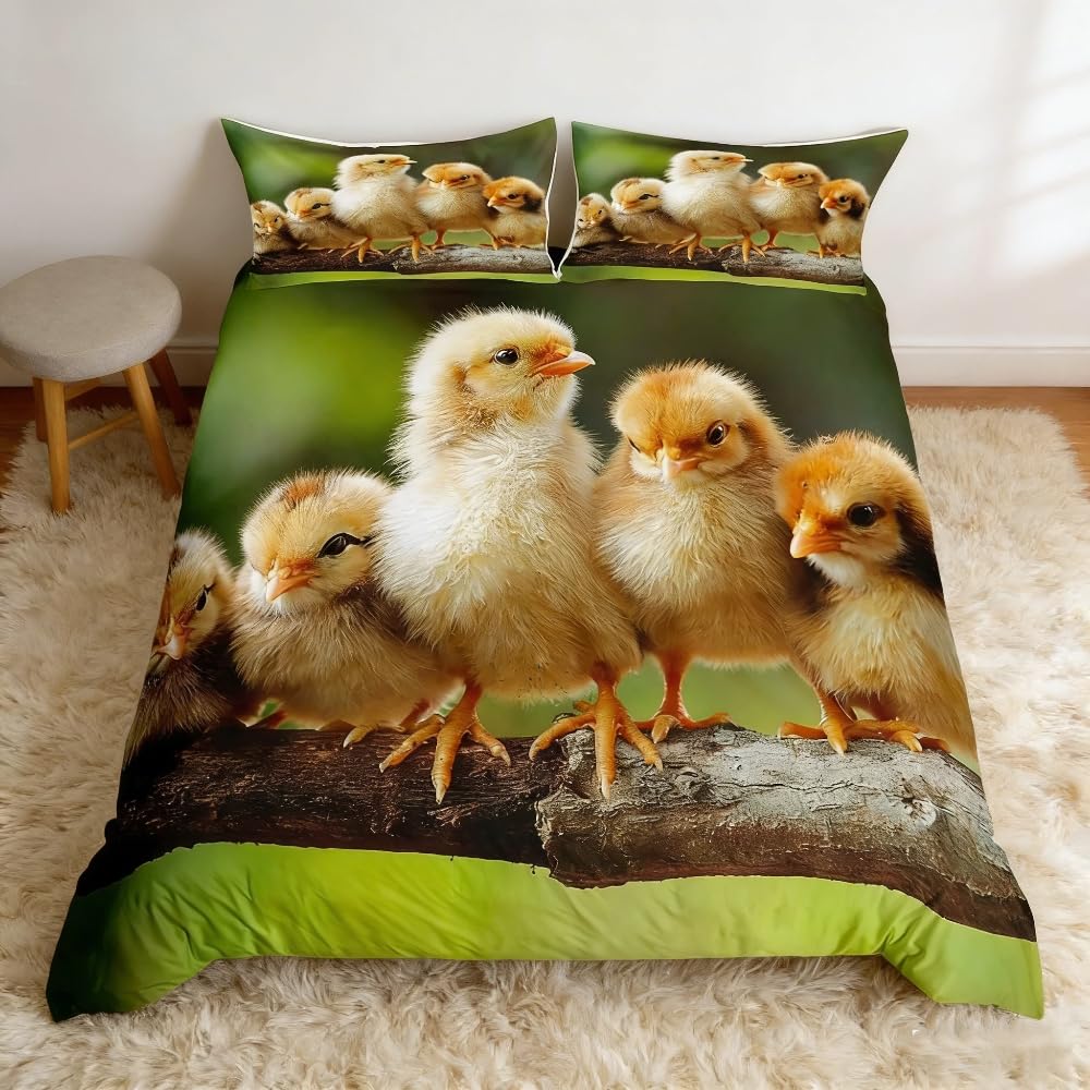 Loussiesd Chick Bedding Set for Kids Boys Girls Cute 3D Chicken Comforter Cover Set Farmhouse Farm Animal Duvet Cover Quilt Cover Single Size 2Pcs