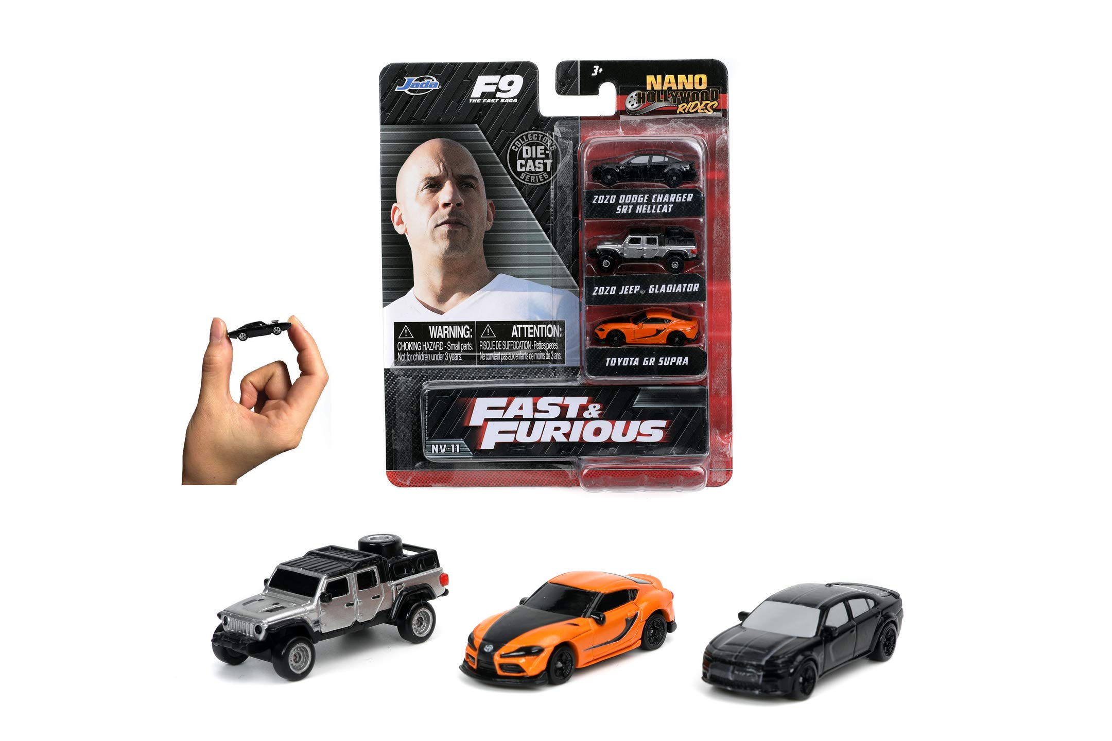 Jada Toys 253201003 Fast & Furious Set of 3 C Nano Collectible Cars, Jeep Gladiator, 2019 Dodge Charger SRT Hellcat Widebody, 2020 Toyota Supra, 4 cm, from 3 Years