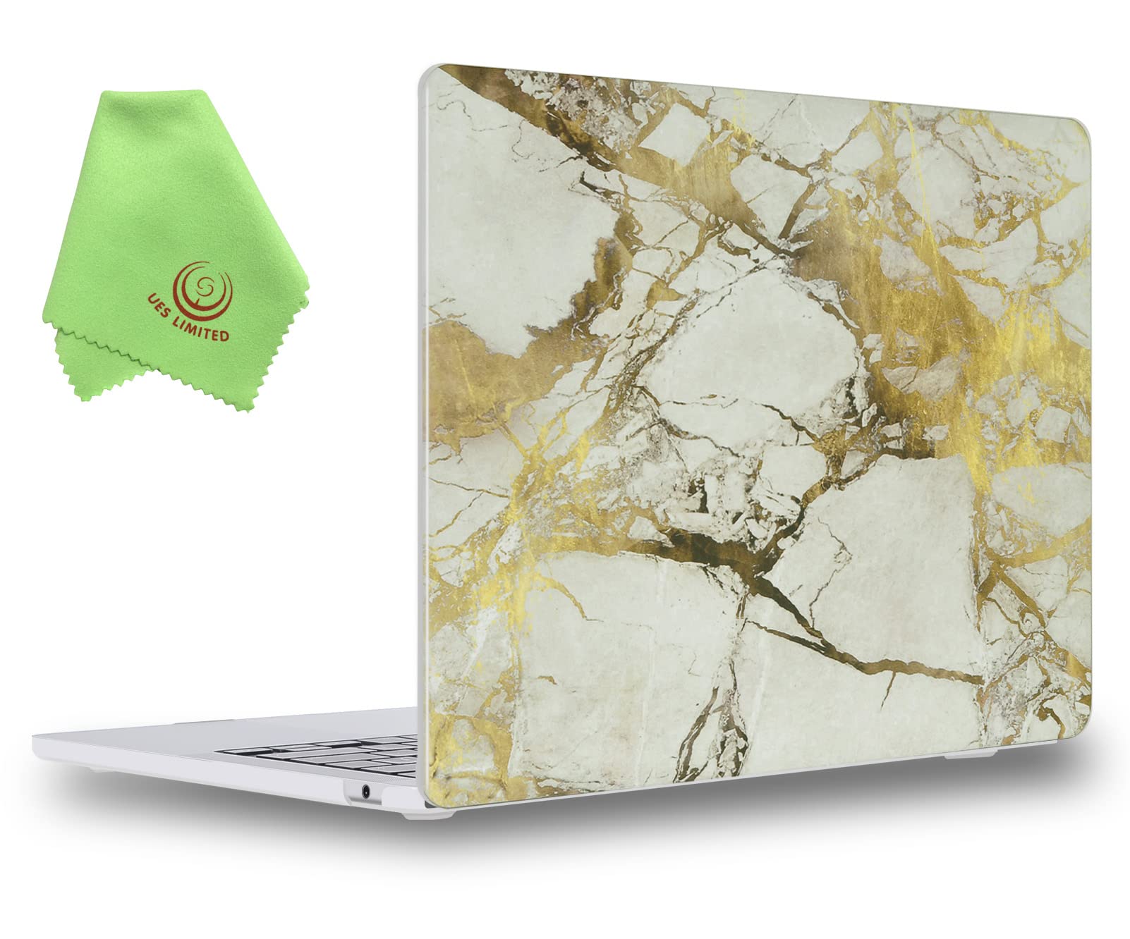 UESWILL for MacBook Air 13 inch M5 M4 M3 M2 Case 2022-2026 Model A3449 A3240 A3113 A2681 Mac Air 13.6 Case, Marble Pattern Hard Shell Cover + Microfiber Cloth, White/Gold — image 1