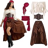 UFLJPKS Women Pirate Costume with Peasant Blouse Off Shoulder Trumpet Sleeve Tops Victorian Steampunk Skirts