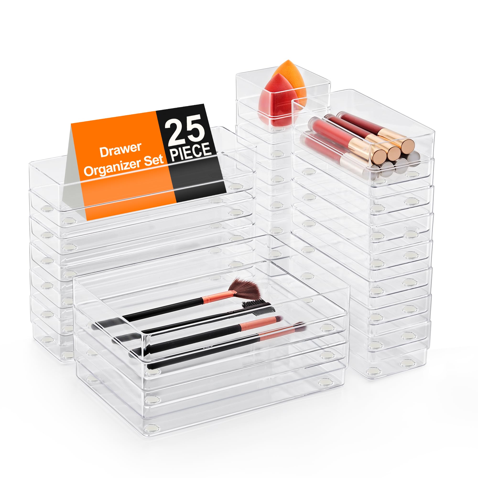 Photo 1 of SMARTAKE 25-Piece Drawer Organizer with Non-Slip Silicone Pads, 4-Size Desk Drawer Organizer Trays Storage Tray for Makeup, Jewelries, Utensils in Bedroom Dresser, Office and Kitchen (Clear)