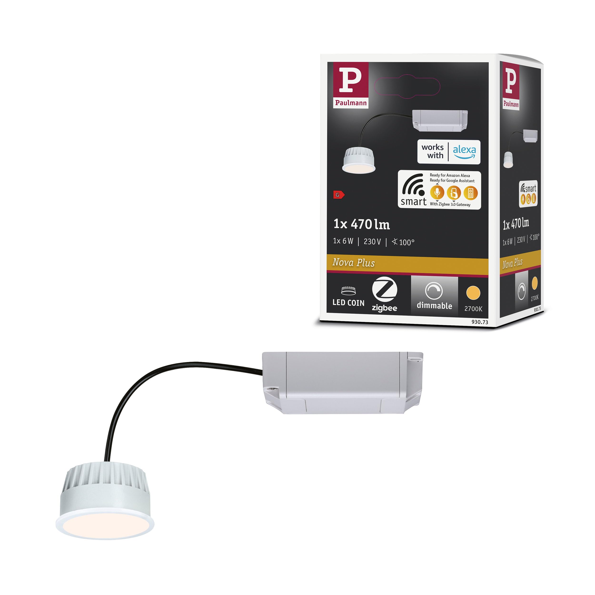 Paulmann 93073 LED Recessed Light Module Smart Home Zigbee Warm White 470 lm 51 mm Round 1 x 6 Watt Dimmable Satin Plastic 2700 K Coin, 6 W