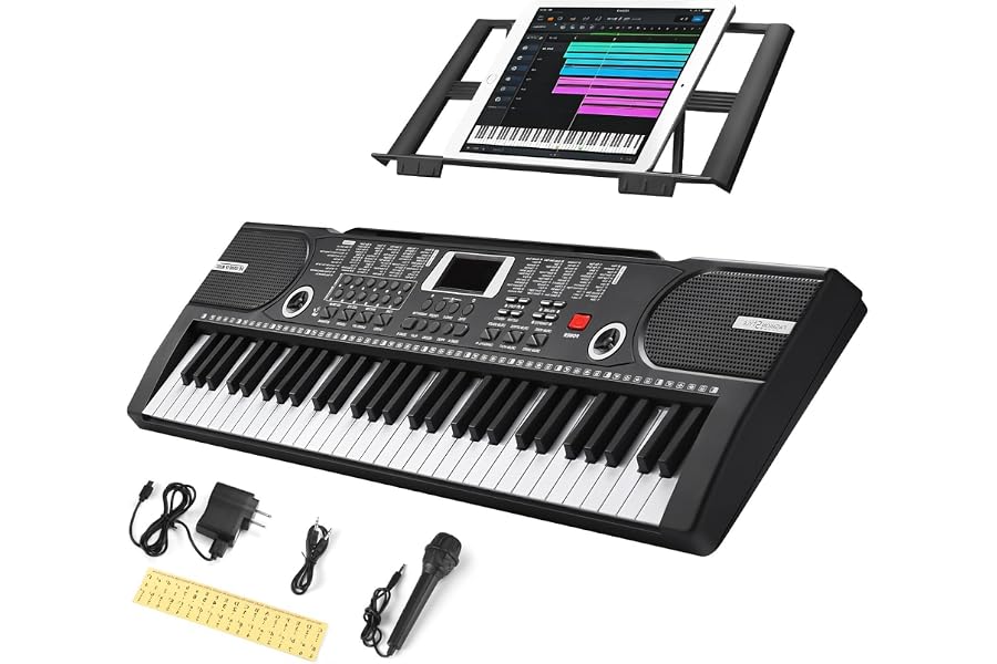61 Key Keyboard Piano, Portable Electronic Keyboard Piano for Beginners with Speakers, Microphone, Sheet Music Stand, 100 Voices, 100 Rhythms, Digital Music Keyboard for Teen - Black