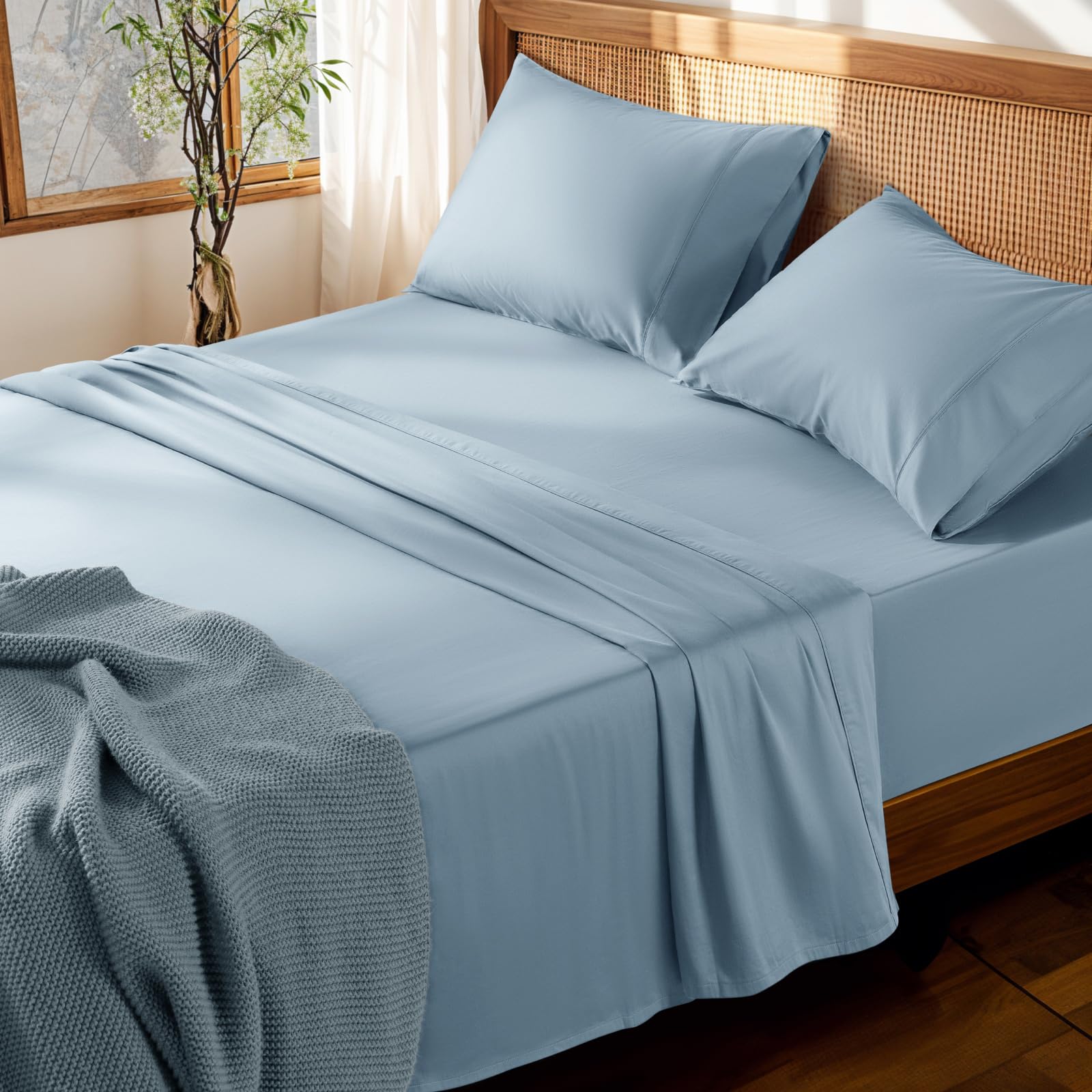 Photo 1 of LBRO2M 100% Cotton Sheets Set Deep Pocket 19", 1000 Thread Count Full Size 4 Piece Bed Sheet Sets Soft Comfortable Bedding All Season (Full, French Blue)