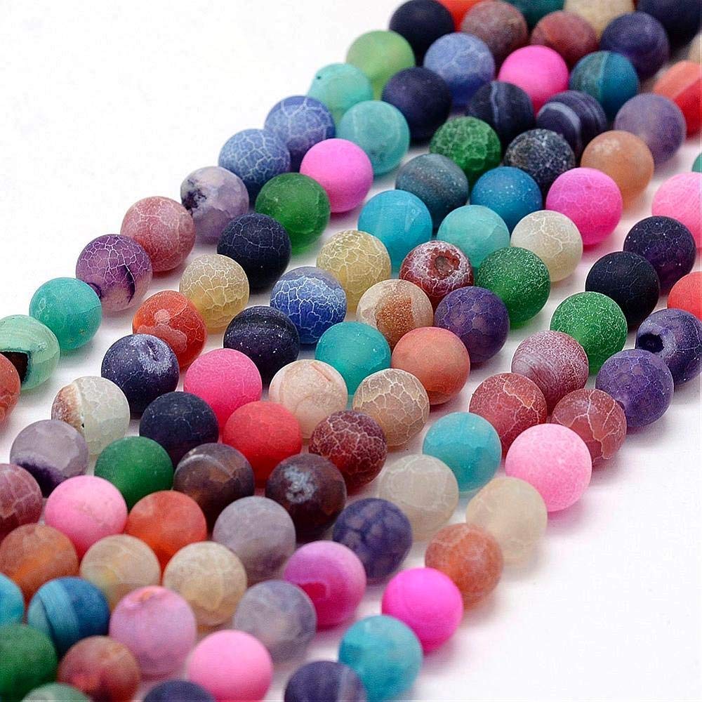 Gemstone Beads 6 mm 8 mm 10 mm Frosted Agate Stone Round Natural Stone Frosted Agate Pearl Semi-Precious Gemstones with Hole for Threading Jewellery (Mix Set, 10 mm - 12 Pieces)