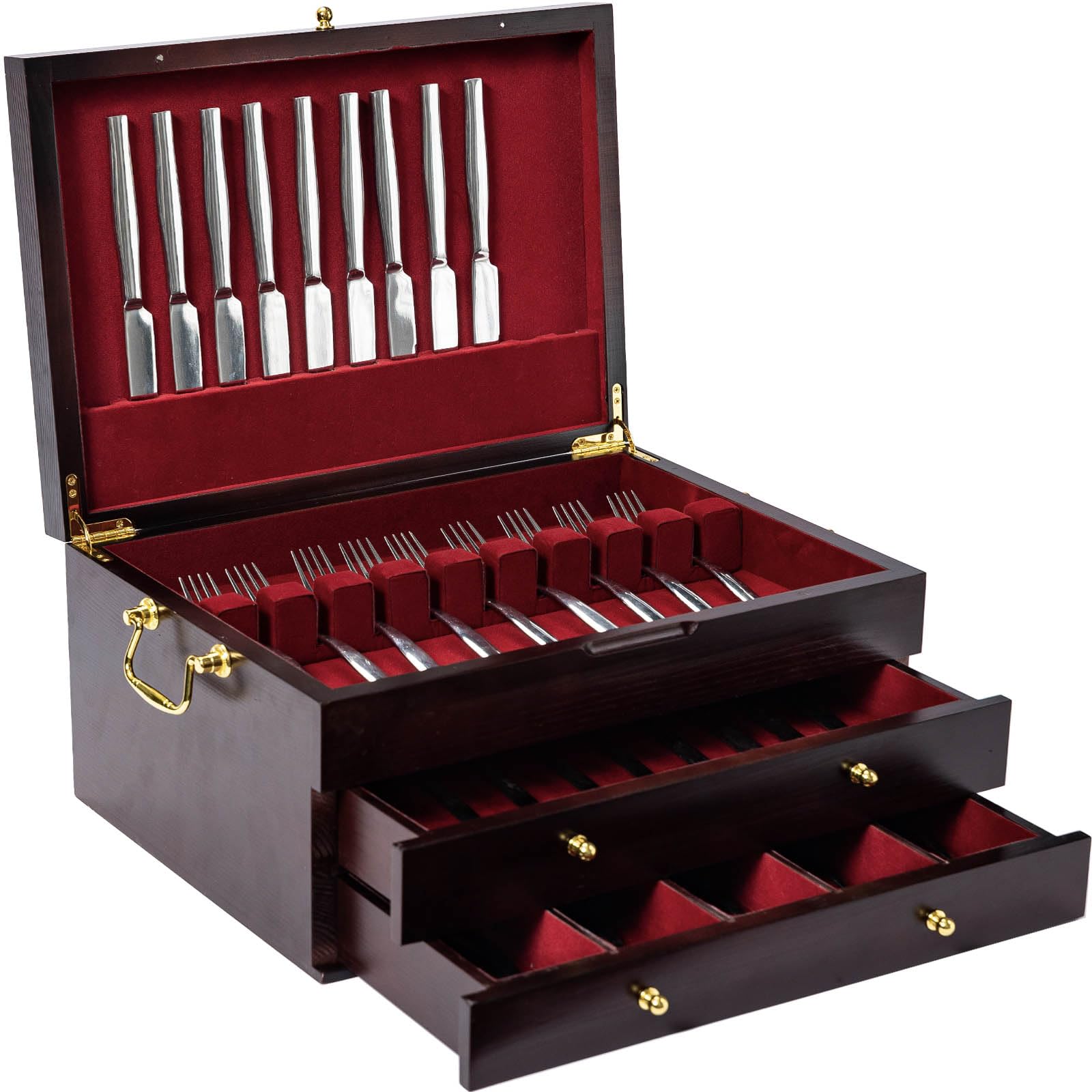 Photo 1 of GENRICE Wooden Silverware Chest without Silverware Three-layer, Silverware Box Storage for Silver, Silverware Case with Handle and Felt Lined, Flatware Chest for 12 or 16 or more sets of Utensils