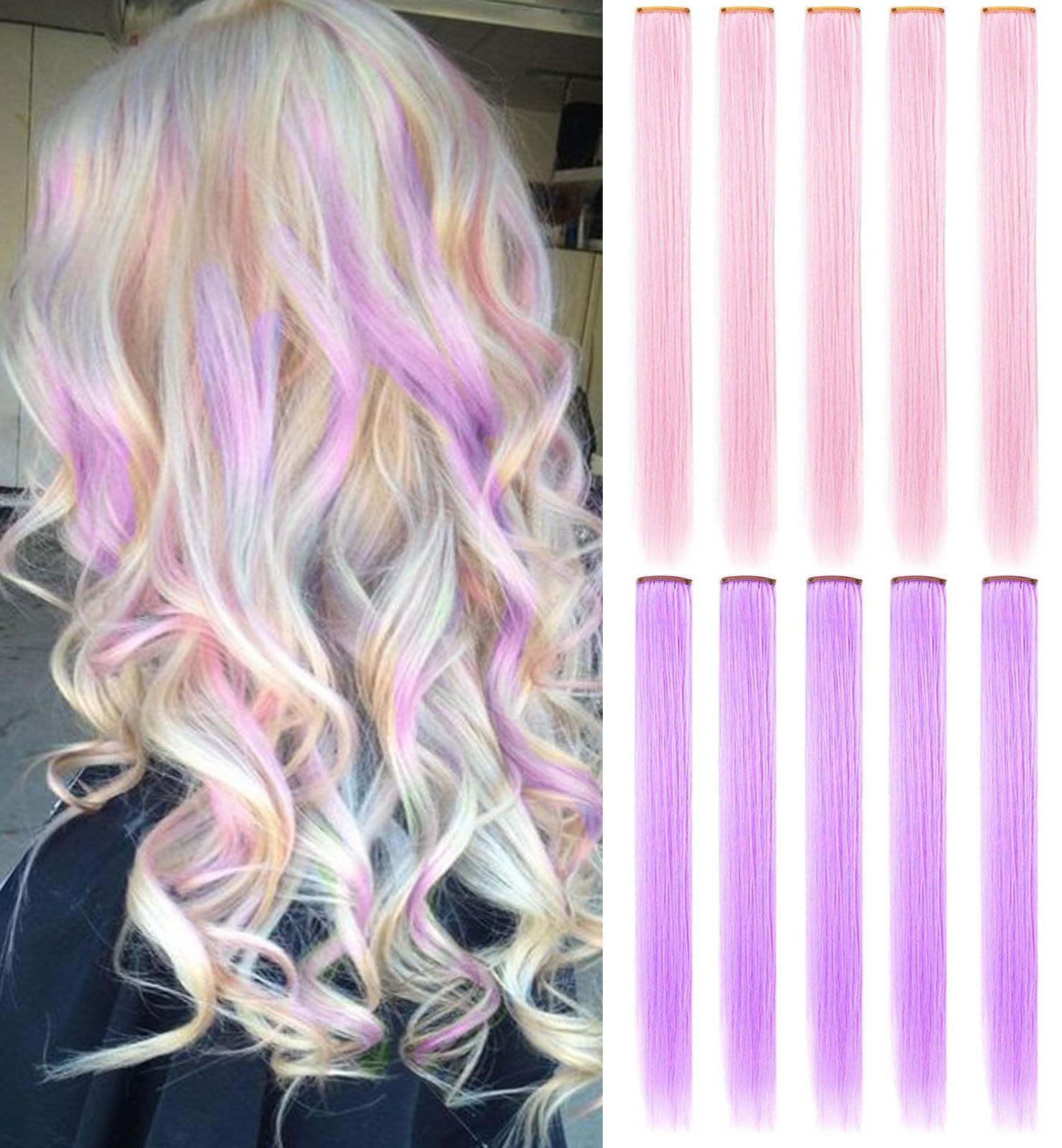 LSKJMO 10 PCS 20 inch Light Pink and Light Purple Hairpiece for Woman Party Highlights Straight Synthetic hair Clip in,Pink and Purple Hair Extensions Woman Hair Accessories