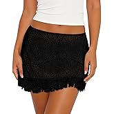 Fisoew Womens Crochet Skirt Swimsuit Cover Up Summer Tassel Knit Hollow Out Vacation Beach Coverups Clubwear Mini Skirts