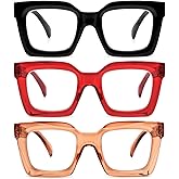 REAVEE 3 Pack Thick Frame Oversized Reading Glasses for Women Blue Light Blocking Computer stylish Readers with Spring Hinge