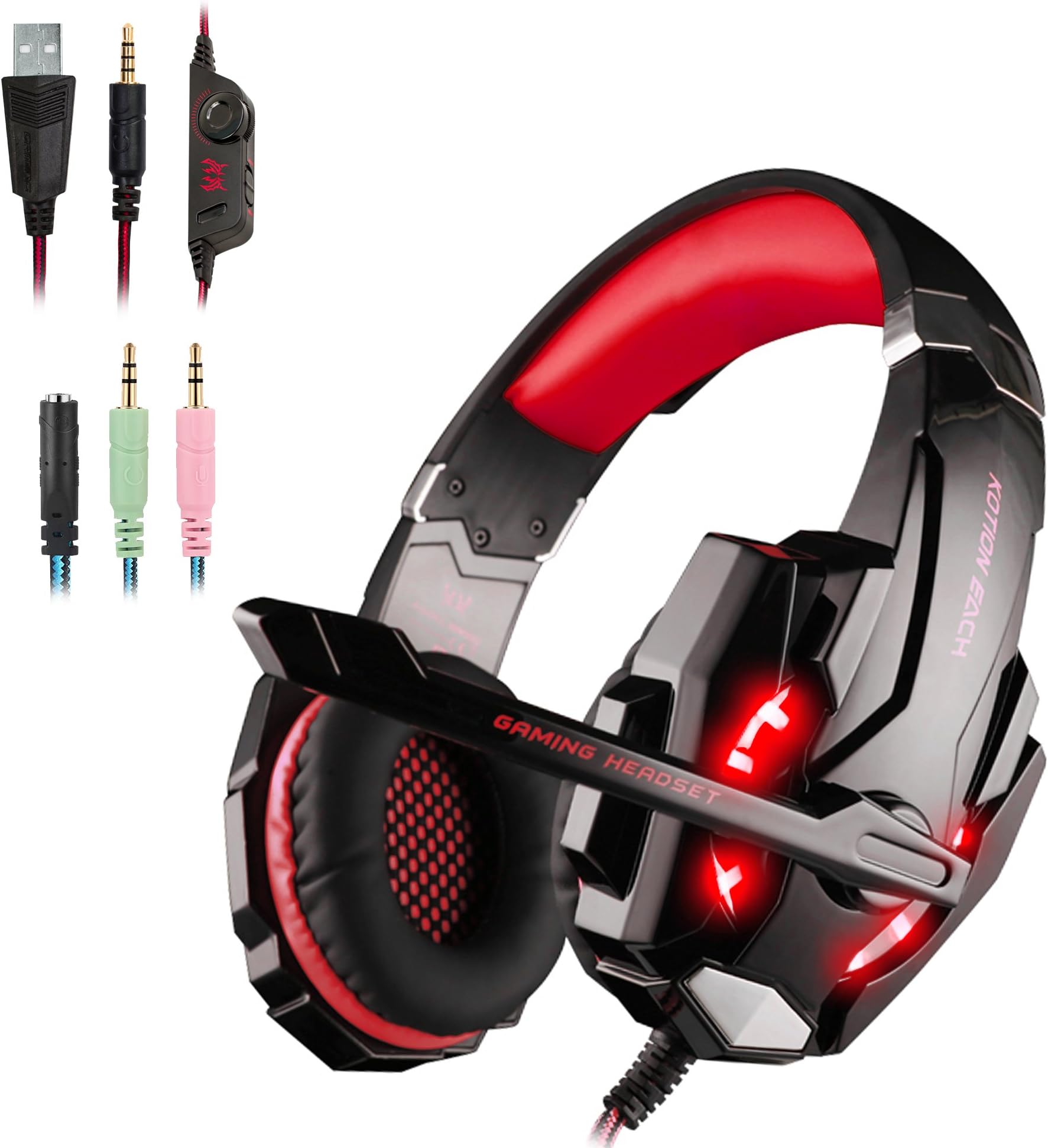 WEIE G9000 Gaming Headset, Surround Sound Gaming Headphone for Xbox One Controller, PC, PS4, Wired Headphone with Crystal Clear Sound, Noise-Canceling Mic & LED Light (RED)