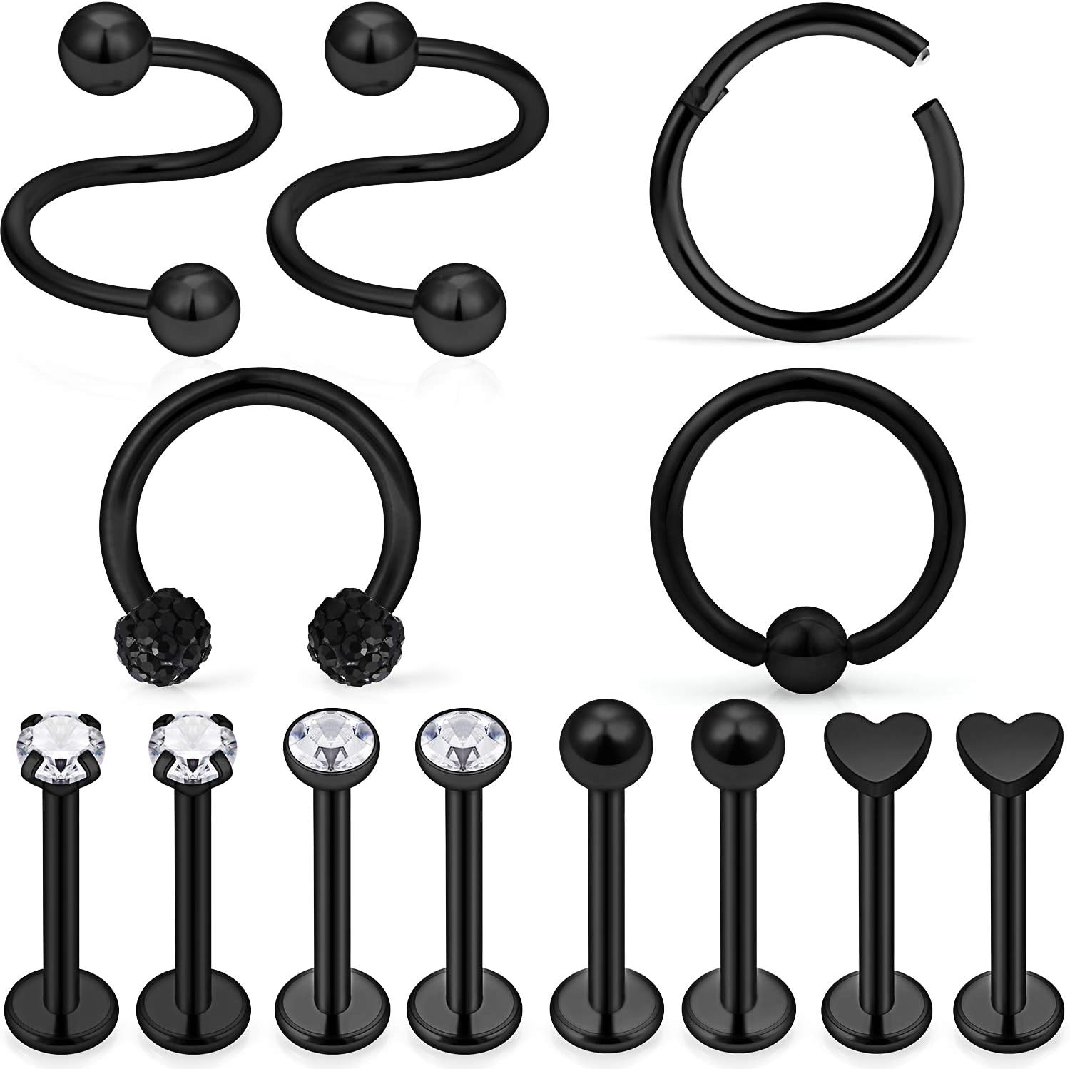 Lcolyoli Tragus Earring 16G Surgical Steel Cartilage Earring Studs Forward Helix Hoop Piercing Jewelry for Women Men Lip Labret Monroe Rings 13 Pieces 8mm