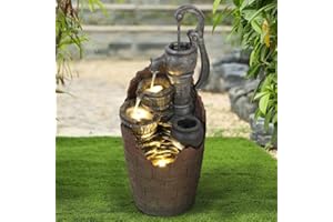 Naturefalls 32.6''H 3-Tier Retro Barrel Outdoor Waterfall Fountain Decor with LED Light,Resin Outdoor Water Feature with Decorative for Garden, Floor Patio, Deck, Porch, Backyard and Home Art Decor