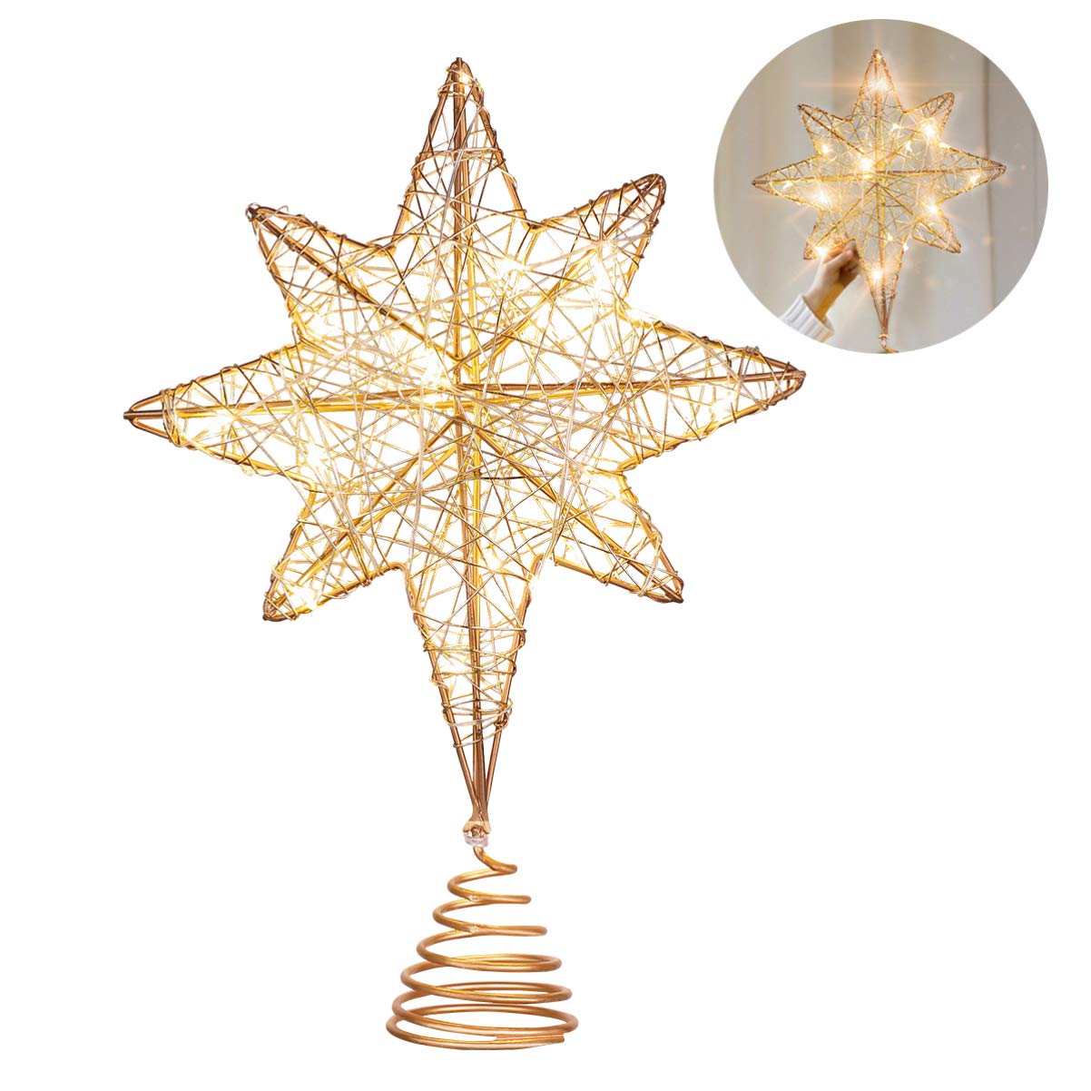 Yardwe Glitter Xmas Bethlehem Star Treetop LED Rose Gold Star Tree Topper for Christmas Holiday Tree Decorations 1PCS