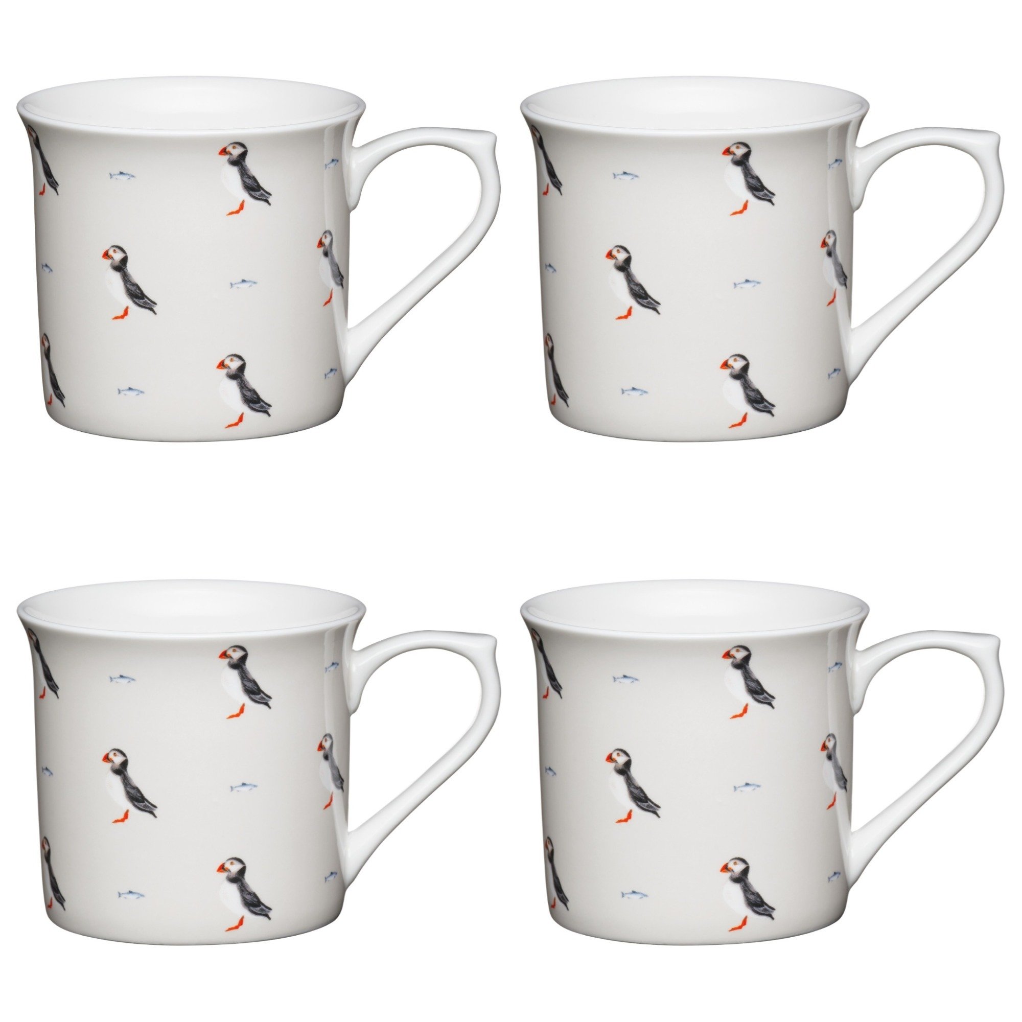 KitchenCraft Fine Bone China 'Puffin' Fluted Printed Bird Mugs, 300 ml - White/Grey (Set of 4)