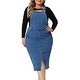 Agnes Orinda Plus Size Denim Overalls for Women Classic Adjustable Straps Slit Hem Jeans Suspender Dresses