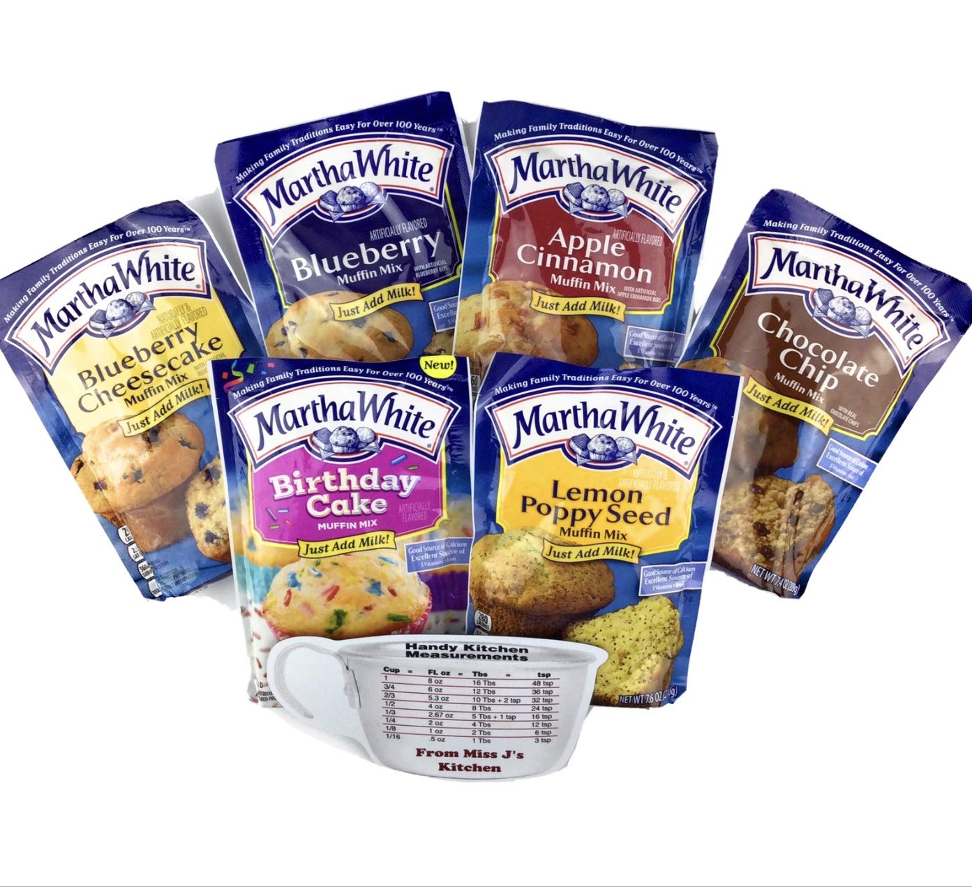 Martha White Muffin Mix Variety Pack of 6 Flavors - Blueberry, Birthday Cake, Lemon Poppy Seed, Chocolate Chip, Apple Cinnamon, Blueberry Cheesecake (1 of Each) with Miss J’s Handy Kitchen Measurements Chart - Bundle of 7!
