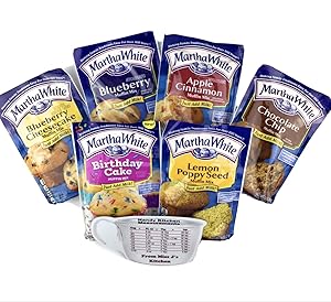 Martha White Muffin Mix Variety Pack of 6 Flavors - Blueberry, Birthday Cake, Lemon Poppy Seed, Chocolate Chip, Apple Cinnamon, Blueberry Cheesecake (1 of Each) with Miss J’s Handy Kitchen Measurements Chart - Bundle of 7!