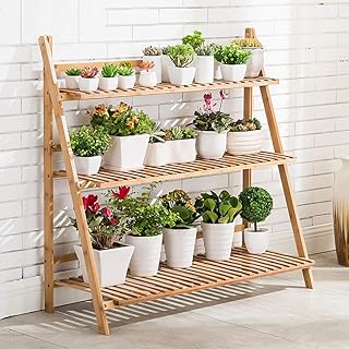 medla Blumentreppe Holz, Blumenständer für innen draußen, 3-stufig, Blumentreppe Klappbar, Blumenleiter Bambus 100 x 38 x 97cm, Braun