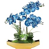 Briful Orchids Artificial Flowers 15" Blue Phalaenopsis Faux Orchid with Gold Pots Fake Orchid Fake Plant for Home Office Bedroom Christmas Table Wedding Party Decor