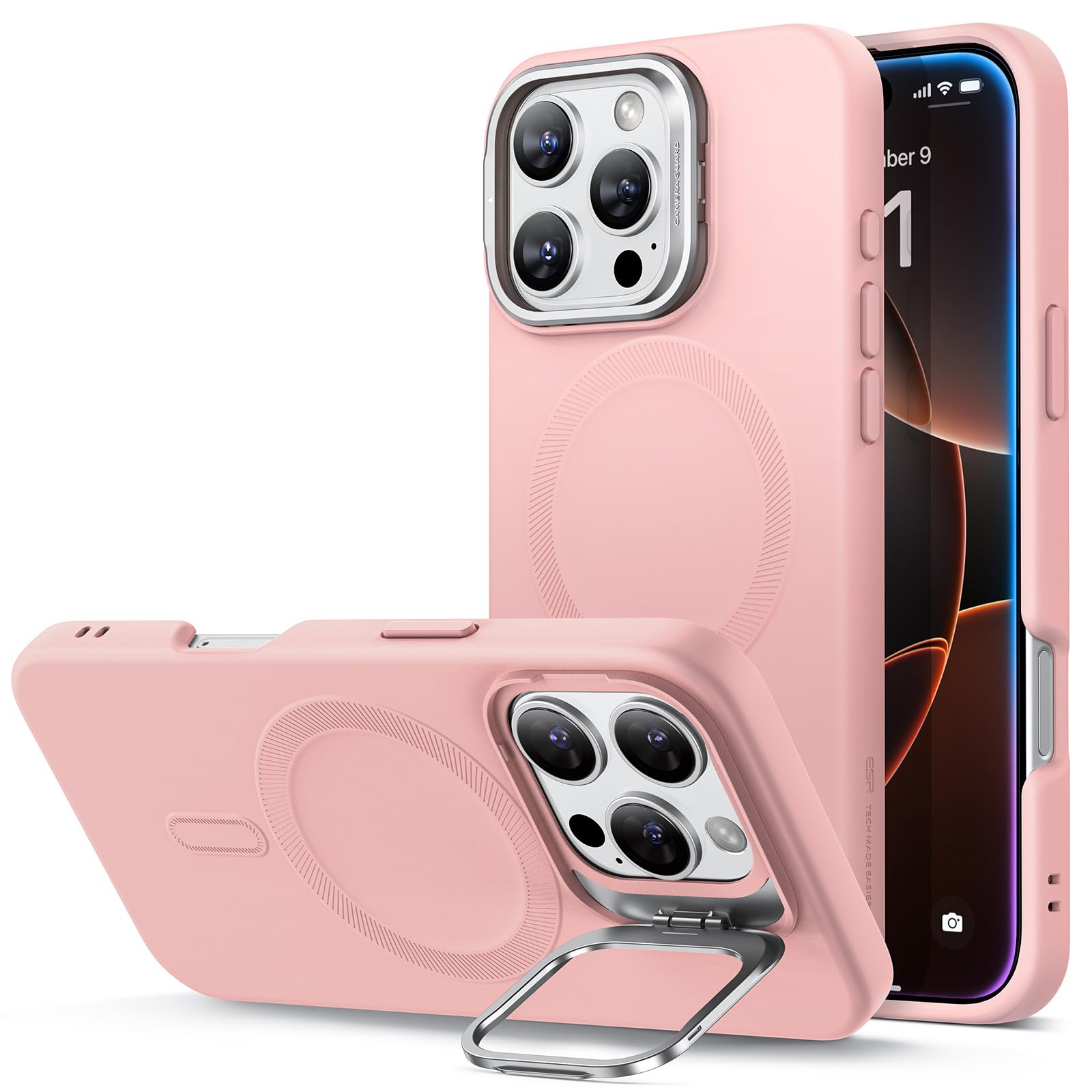 ESR for iPhone 16 Pro Case, Silicone Case with Stand, Compatible with MagSafe, Military-Grade Protection, Built-In Camera Stash Stand, Magnetic Phone Case for iPhone 16 Pro, Cloud Series, Pink