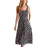 CUPSHE Women's Midi Dress Floral Square Neck Summer Sundress Sleeveless Straps High Waist Beach Formal Dress with Pockets