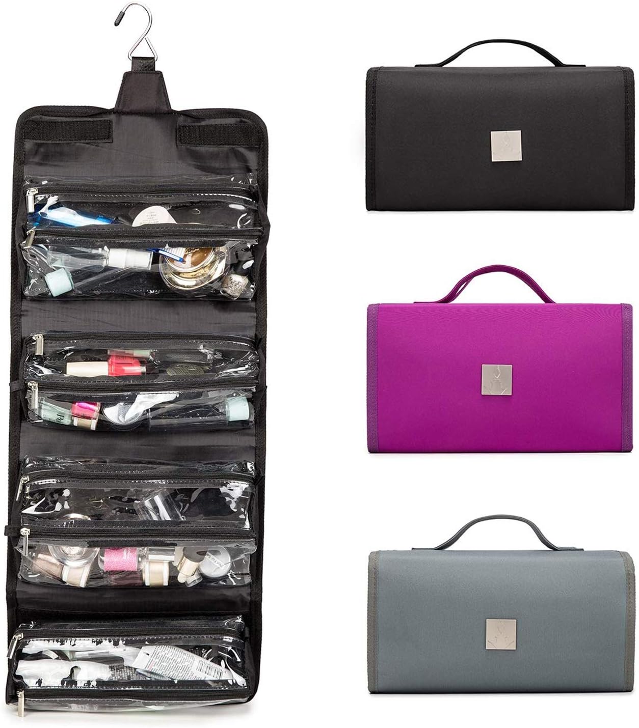 ROYALFAIR Hanging Toiletry Bag with Durable Hook Roll-Up Make Up Organizer and Travel Bag - 4 Removable Cosmetic Bags Suit for Men or Women (Black)