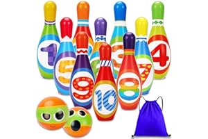 AugToy Kids Bowling Set 2-5 Toddler Indoor Bowling Game Toy for 1 2 3 4 Year Old Boys Girls Soft 10 Colorful Foam Bowling Pins 2 Bowling Ball Developmental Sensory Toddler Age 2-4 3-5 Present