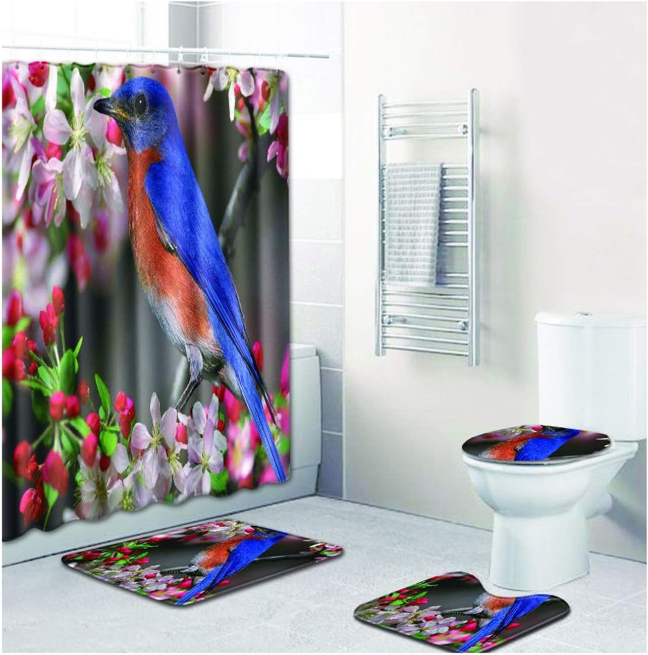 ROMQUEEN Bath Rug Set 4 Shower Curtains With Animals Bath Mat Indian Pedestal Mat Set& Shower Curtain 180 * 180