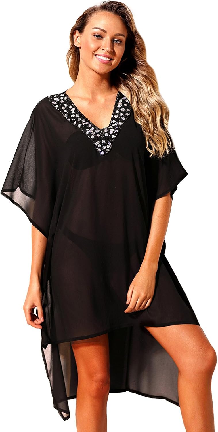 SAMGU Women Beach Bikini Cover Up Dress Rhinestone V Neck Black Sheer