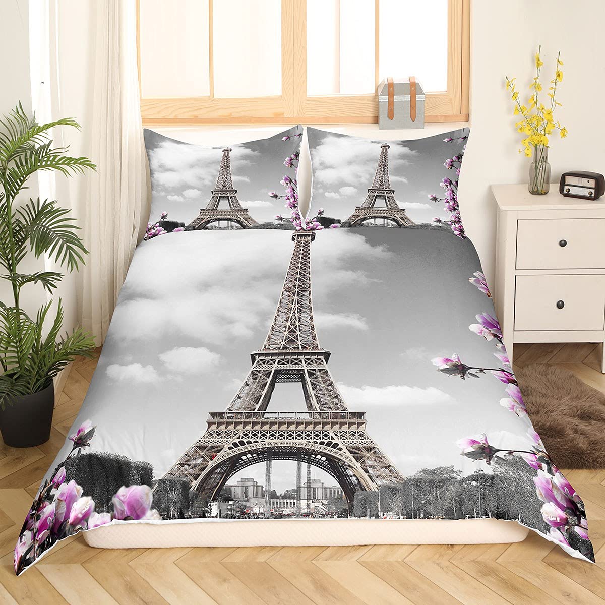 Homewish Eiffel Tower Bedding Set King Size, Kids Purple Flower Comforter Cover, City Building Of Paris Duvet Cover For Teens Adult Women, Dark Clouds Grey Quilt Cover For Bedroom Living Room — image 1