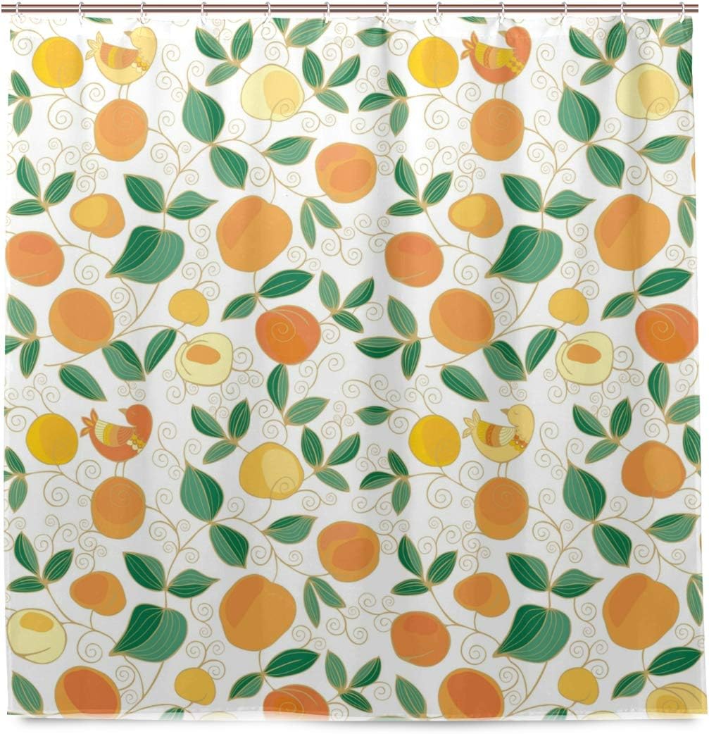 DZGlobal Peach Shower Curtain Yellow Peach Fruit with Green Leaves and Yellow Decorative Bird Pattern for Bathroom Decor Cloth Shower Curtains Set Polyester Waterproof Fabric with 12 Hooks 72x72 Inch