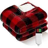 Electric Heated Sherpa Buffalo Plaid Christmas Throw Blanket with 8 Heating Levels & 8 Hours Auto Off, Fast Heating Warm Plush Washable Blanket with Over-Heat Protection, ETL Certification, Red