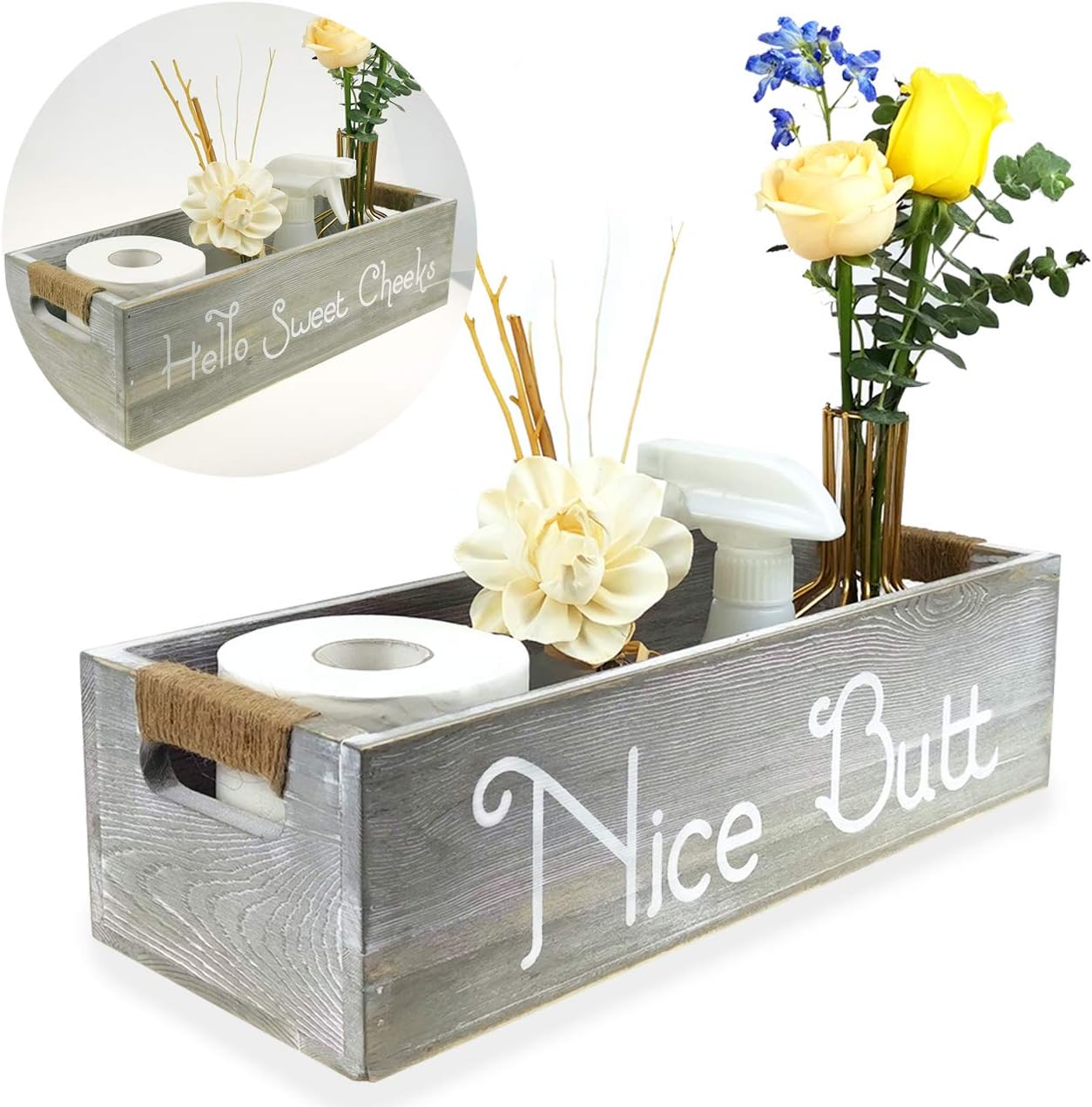 nobrand Farmhouse Rustic Wood Organizer, Bathroom Decor Box or Diaper Organizer, 2 Sides - Funny Box, Hello Sweet Cheeks with Funny Sayings (Grey): Home & Kitchen