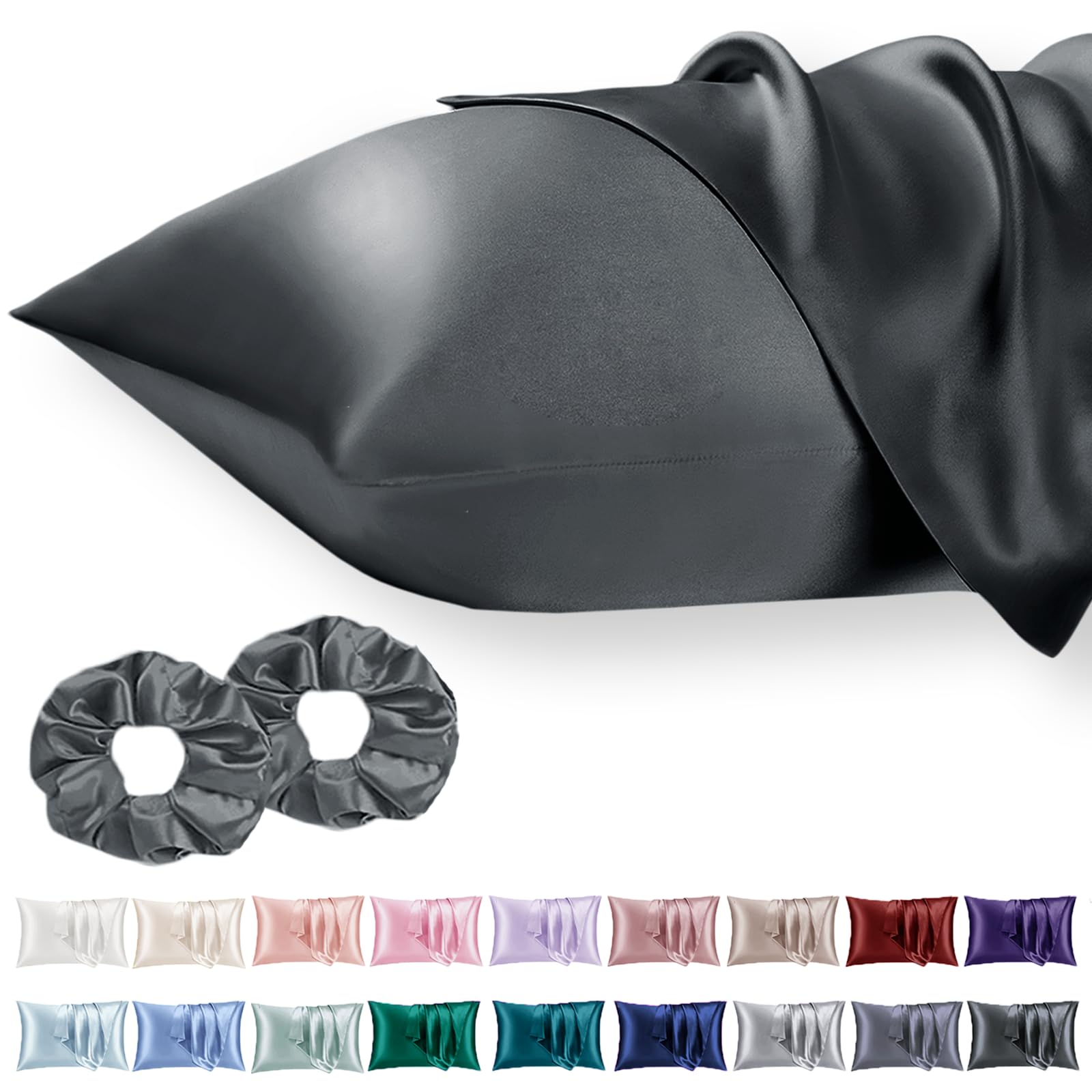 Vielit 2 Pack Satin Pillowcase for Hair and Skin Cooling,Soft as Silk Pillowcase for Hair and Skin,Easier Care than Silk Pillow Case Darkgrey 50x75cm Gifts for Women Envelope & 2 Scrunchies