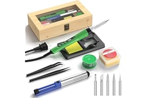 CRTSWEKER Soldering Iron Kit, 190W Soldering Gun, 110V LED Solder Kit for Electronics, Adjustable Temperature 356-932℉, Includes Solder Wire, Sucker, Tips, Stand, Tweezers, Paste and Solid Wood Box, Army Green