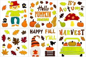 HOHUCRAB 6 Sheet Fall Window Clings Gel, Happy Thanksgiving Autumn Harvest Pumpkins Truck, Fall Leaf, School Home Supplies