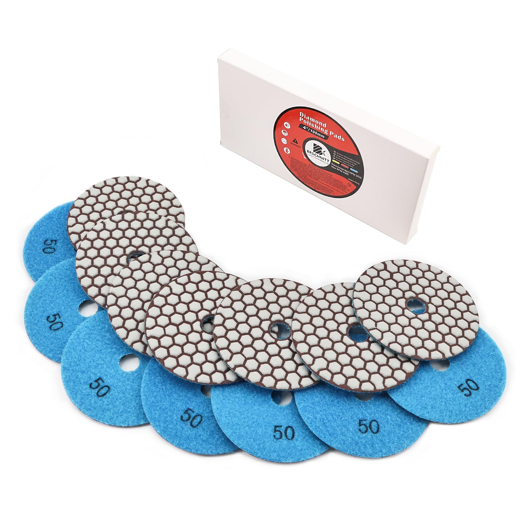 Dry Diamond Polishing Pad Set BRSCHNITT 7pcs 100mm #50 for Stone Marble Quartz Granite Sanding Disc Countertop Polish Polisher Pads Kit Tools used on Grinder or Polisher