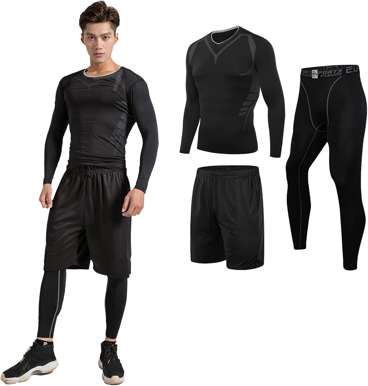 Sillictor スポーツウェア 3点 セット 長袖 コンプレッションウェア + ロング コンプレッションタイツ + ショート パンツ メンズ [UVカット + 吸汗速乾] 3231ブラック L