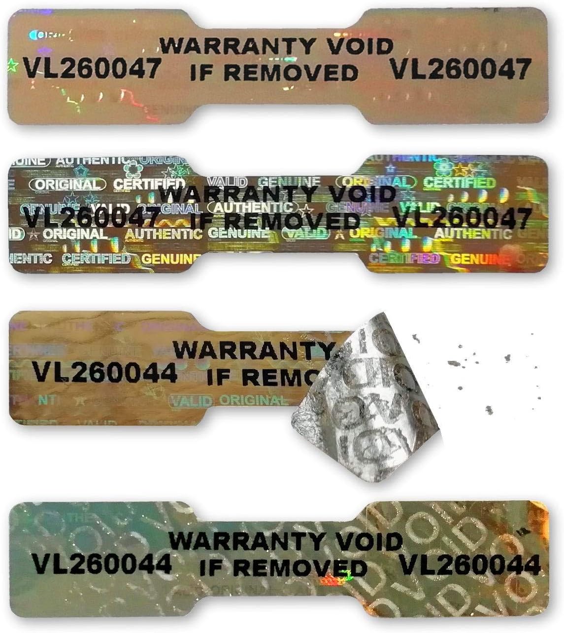 DOGBONE/Dumbell Hologram Numbered Stickers, 45mm x 10mm, Gold Labels, Tamper-Evident, Secure, Valid, Authentic, Warranty, Security