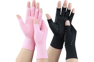 TINY CHOU 2 Pairs Arthritis Gloves, Compression Gloves for Women Men, Relieve Arthritis, Rheumatoid, Osteoarthritis, Carpal Tunnel Pain, Anti-Slip Fingerless Gloves for Hand Support (Pink+Pure Black,M)