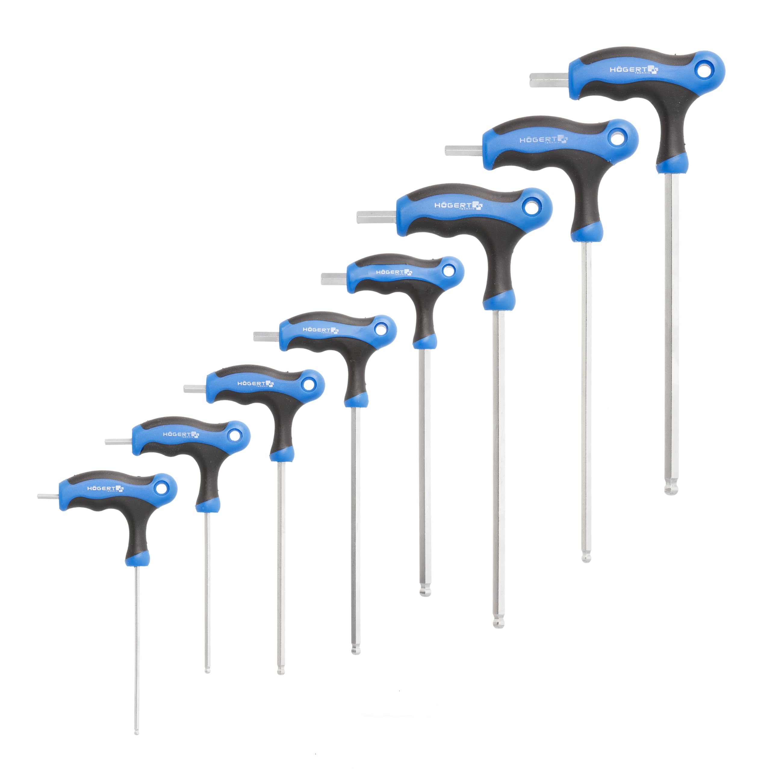 Högert Technik - Hexagon Key Set Type T with Ball - Long - 8 Pieces Ø 2.5 3 4 5 6 7 8 10 - Made of high Quality S2 Steel - Resistant to Deformation and Abrasion - T-Shaped Handle