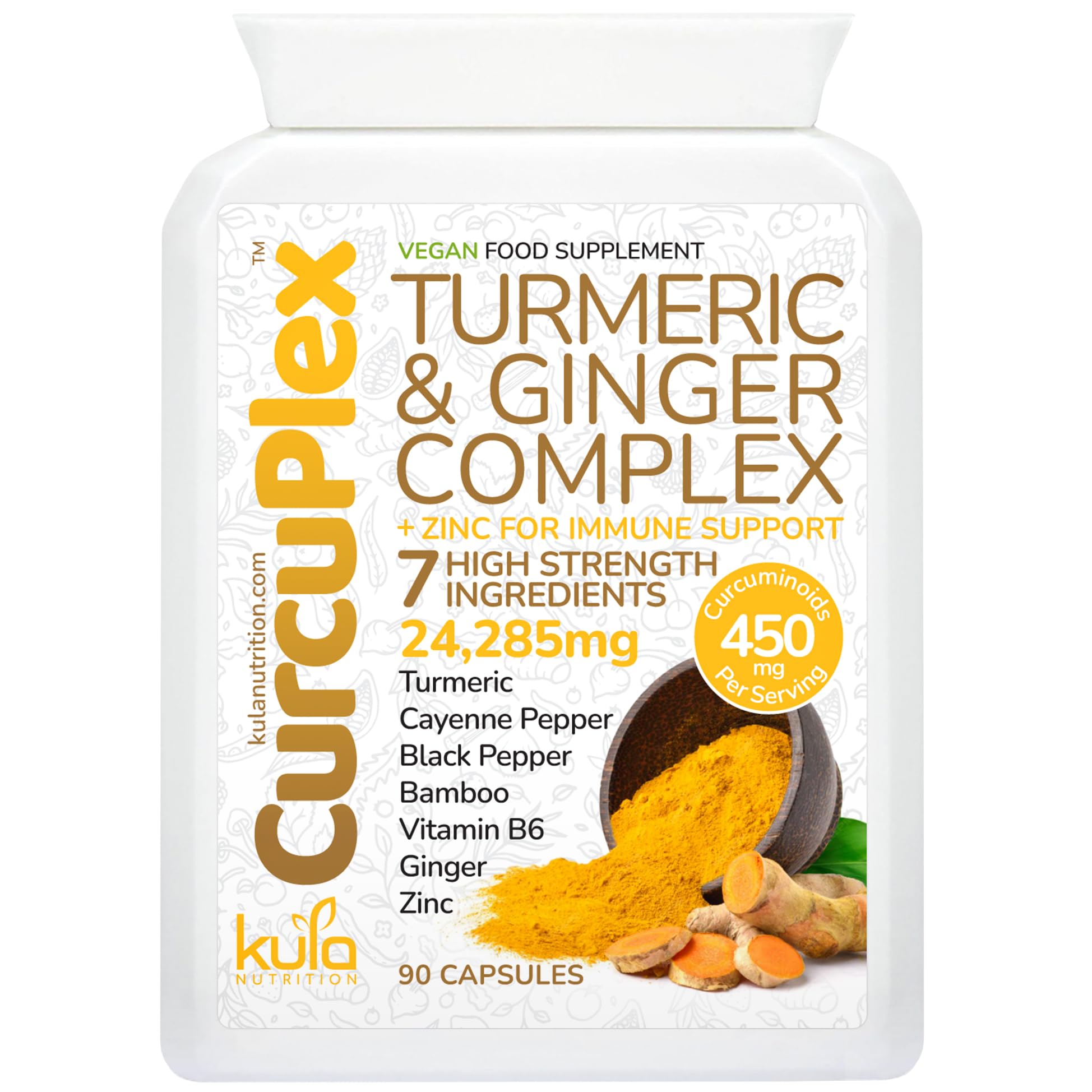 CurcuPlex - High Strength Turmeric Complex 24,285mg - 95% Curcumin Supplement - Ginger, Black Pepper and Zinc for Immune Support - 450mg Curcuminoids - Anti Inflammatory Joint Care - 90 Vegan Capsules