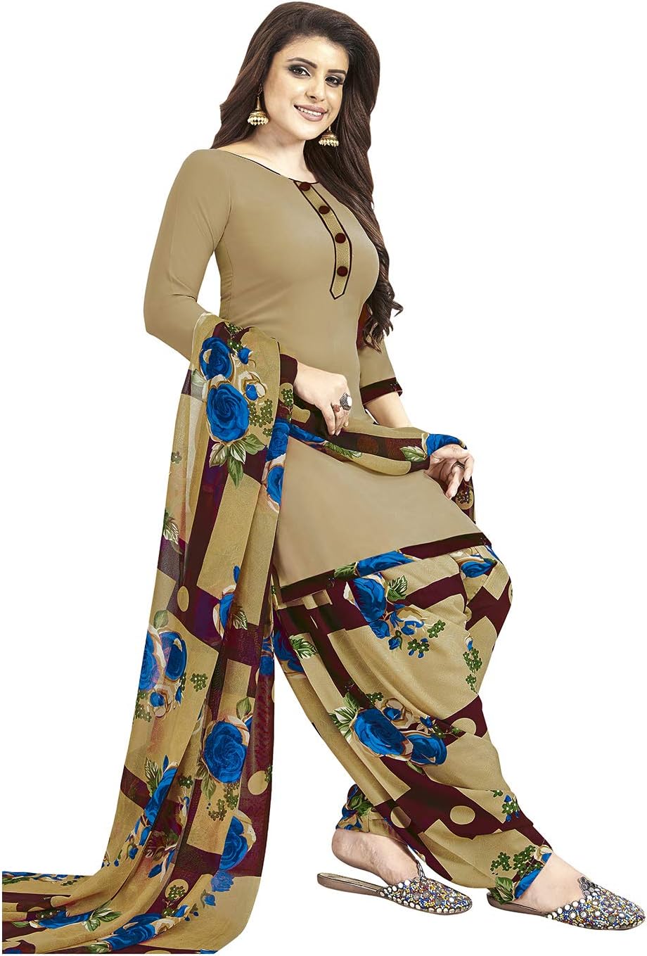 Women's Faux Crepe Beige Floral Print Wrinkle Free Dress Material (Varsha-2863_Beige_Free Size)