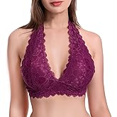 Floral Lace Halter Bra Bralette Top Hook and Eye Closure Back Unpadded Wirefree Lace Bra