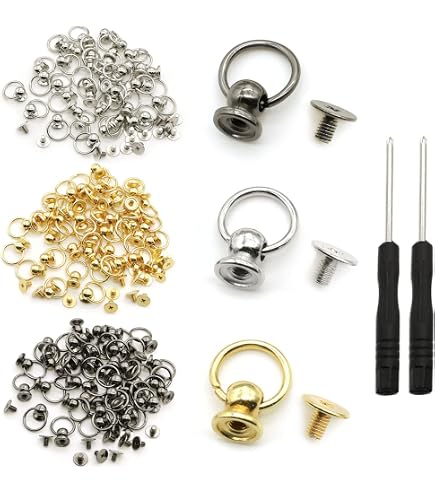 4Pcs Brass Ball Studs Rivets with D Ring, 360° Rotatable