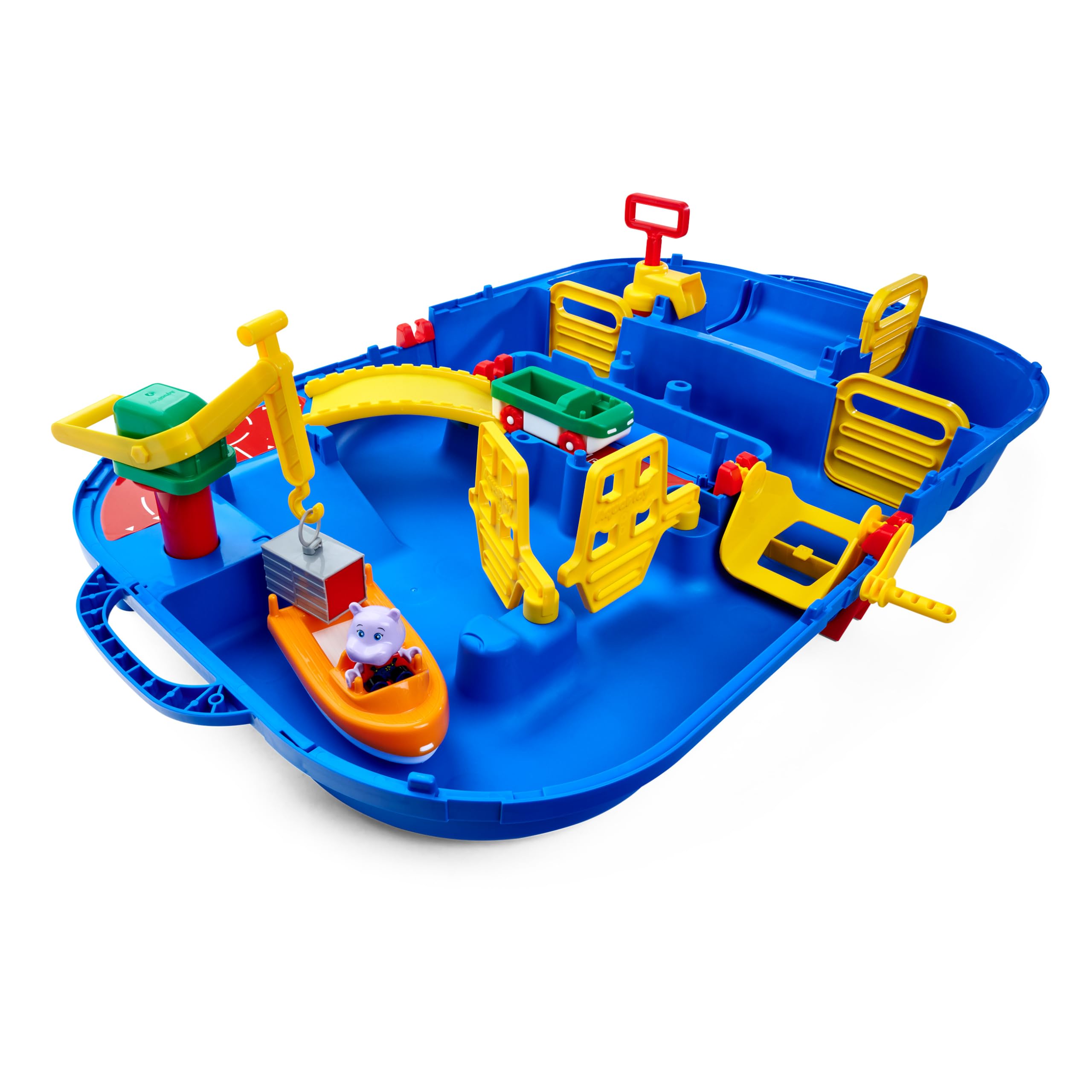 AquaPlay - LockBox - Wasserbahn als Transportkoffer mit 27 Teilen, Spieleset inklusive 1 Hippo Wilma, Amphibienauto und Containerboot, für Kinder ab 3 Jahren, 8700001516, Blau
