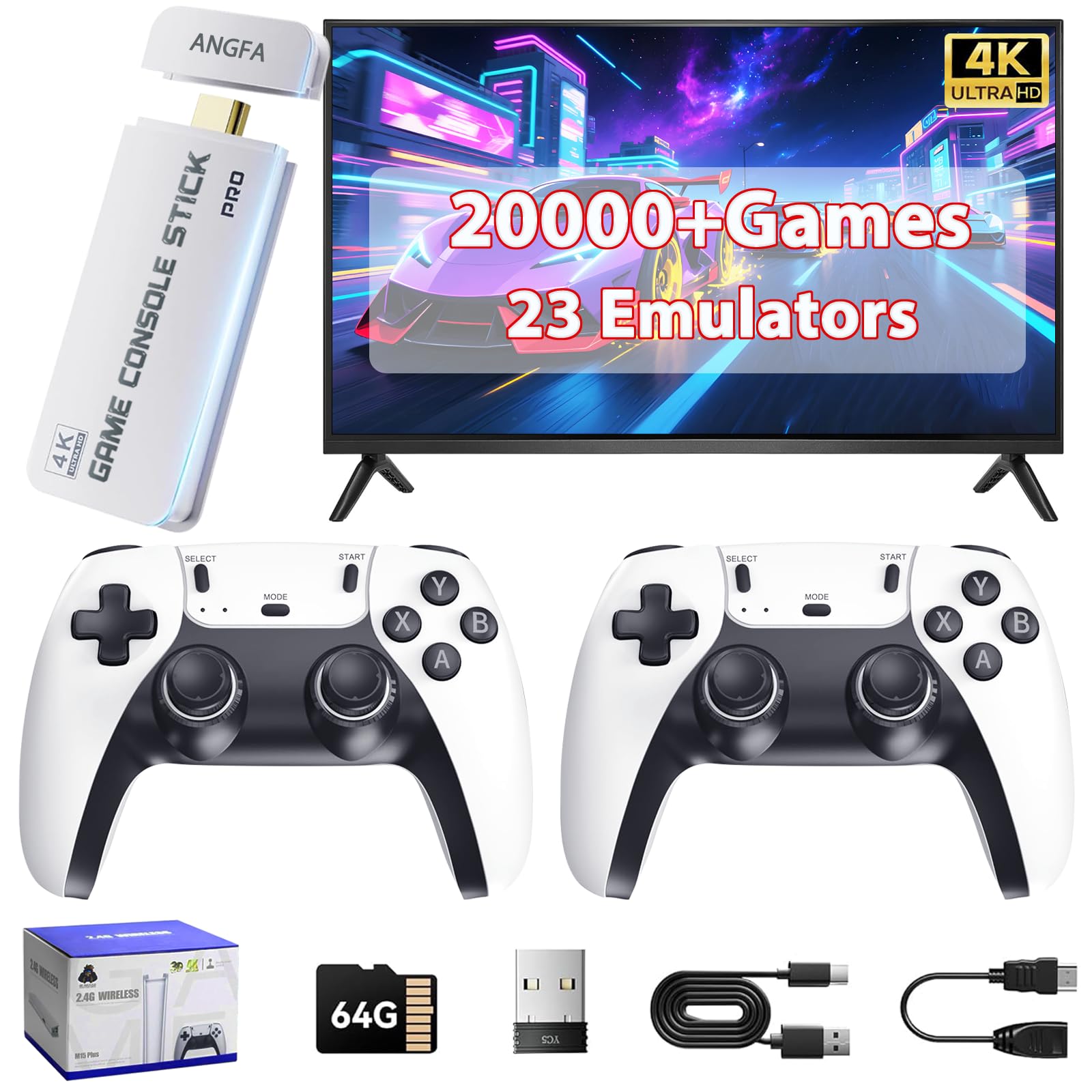 Photo 1 of Wireless Retro Game Console Built-in 20000+ Games and 23 Emulators, 2025 New Plug & Play Retro Gaming Console with 4K Output & Dual 2.4G Controllers, Games Nostalgic Stick (64GB)