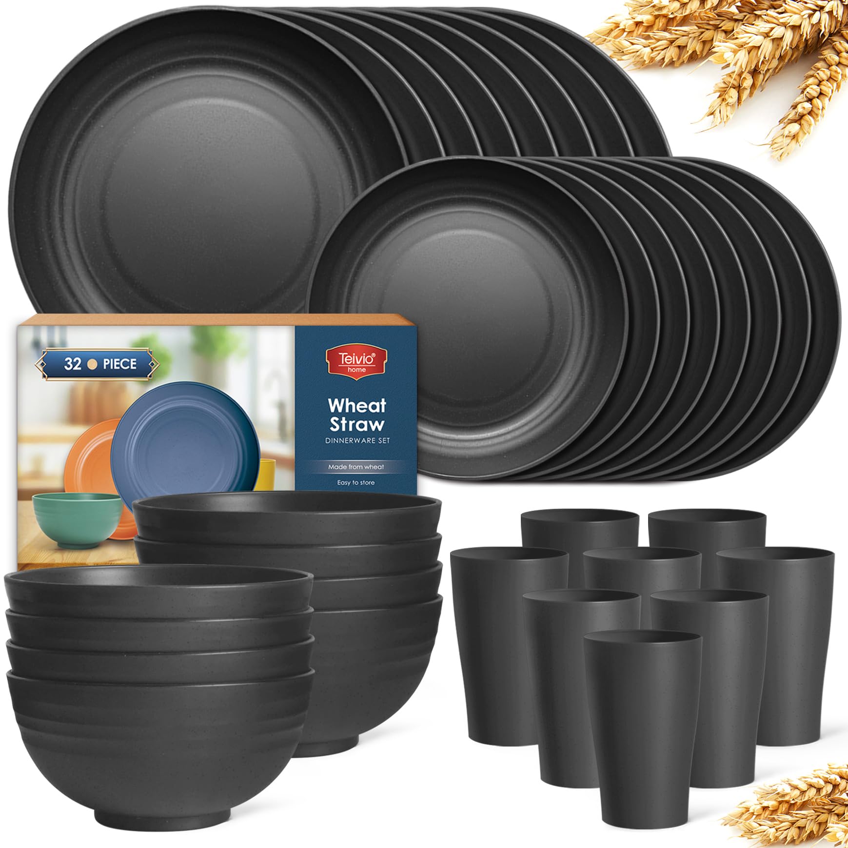 Photo 1 of Teivio 32-Piece Kitchen Plastic Wheat Straw Dinnerware Set, Service for 8, Unbreakable Modern Dish Set - Dinner Plate/Dessert Plate/Cereal Bowl/Cup, for Apartment Essentials, Outdoor Camping,Black