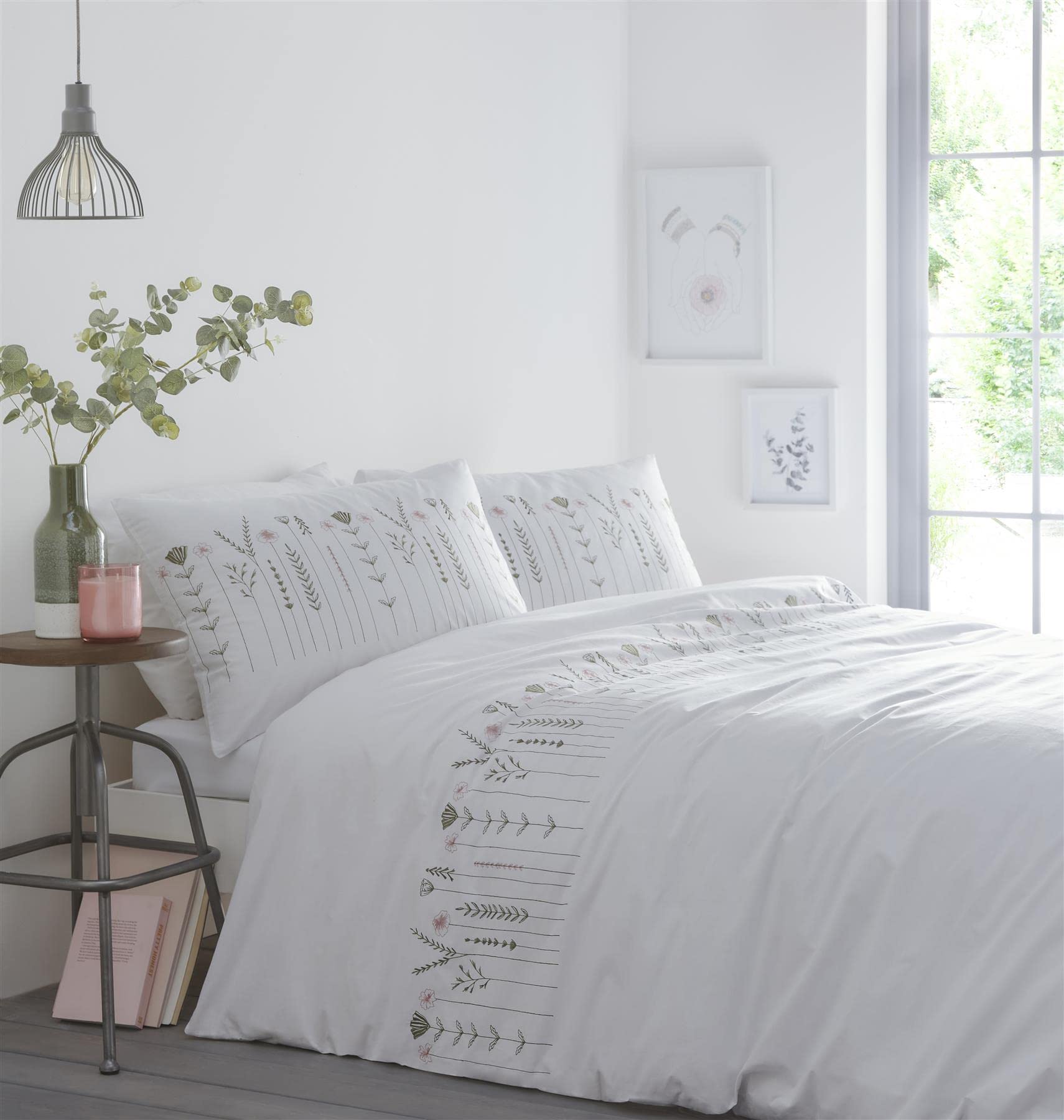 Portfolio Molly Green/Pink Embroided Floral King Size Duvet Cover Set, Cotton